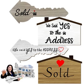 Qunclay 2 Pcs Sold Sign for New Homeowners Wooden Double Sided Real Estate Sold Key Sign Social Media Photo Props, Said Yes to the Address House and Home Sweet Home Key Shaped Wood Closing Gifts