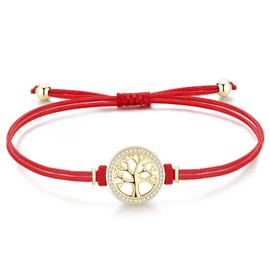 Jrêveinfini Tree of Life Bracelet Women's 925 Sterling Silver with 3A Cubic Zirconia, Handmade Braided Cord Bracelet, Adjustable 14 + 9 cm, Sterling Silver, Red cords, gold