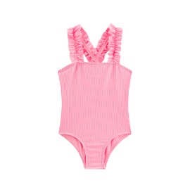 LIZENS Girls One Piece Swimwear Pink Stripe Ruffled Shoulder Straps Girls Swimsuit Size 2-12(BDG18202,7-8T)