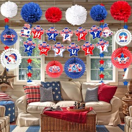 Fenyluxe 4th of July Party Decorations, Red White and Blue Decor Set with Banner, Paper Fans, Pom Poms & Star Streamers,Patriotic Decorations for Independence Day Outdoor Home Office or Mantel