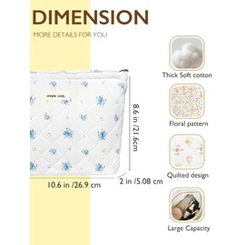 Sminra Floral Makeup Bag Cotton Quilted Small Cosmetic Bag Organizer, Cute Garden Aesthetic Coquette Portable Zipper Pouch Toiletry Purse Bag for Women Girls Travel accessories(Blue Flowers-L)