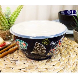 Ebros Pack Of 2 Ceramic Lunch or Dinner Food Bowls With Airtight Storage Lid 6"Dia 3 Cups Size Take Out To Go Diet Meal Planning Refrigerator Microwave Dishwasher Safe (Colorful Oriental Fans)