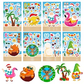 24PCS Hawaiian Summer Christmas Stickers for Kids - DIY Mix and Match Sticker Pack with Santa, Reindeer & Tropical Designs, Waterproof Holiday Party Favors for Scrapbooking, Water Bottles