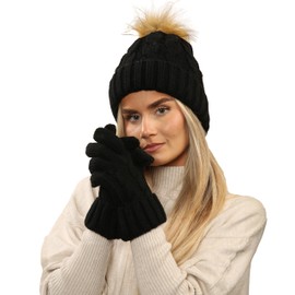 Heatwave Womens 2 Piece Chunky Knit Hat & Gloves Set Faux Fur Pom Pom Chunky Knit Design Warm Winter Beanie Hats for Ladies, Black