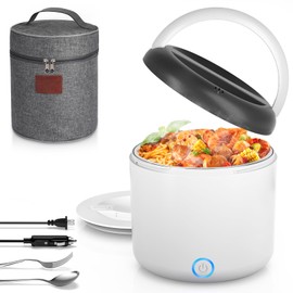 Vingud Electric Lunch Box for Adults, 1.2L/41oz, 100W Fast Heated Lunch Box, 12V/24V/110V Portable Food Heater for Car/Office Work with 304 Stainless Steel Container, White Gray