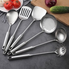 18/10 Stainless Steel Kitchen Utensils Set, 6 Pcs Professional All Metal Cooking Utensils Set 12-13.6 Inch, Wok Spatula, Ladle, Skimmer, Slotted Spatula Turner, Spaghetti Spoon, Large Spoon