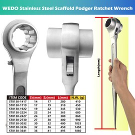 WEDO Stainless Steel Scaffold Podger Ratchet Wrench,Double Side 12 Point Hexagon Ratchet Spanner,Quick Release 22X24mm Spud Wrench,Ratcheting Socket Wrench,Length 365mm