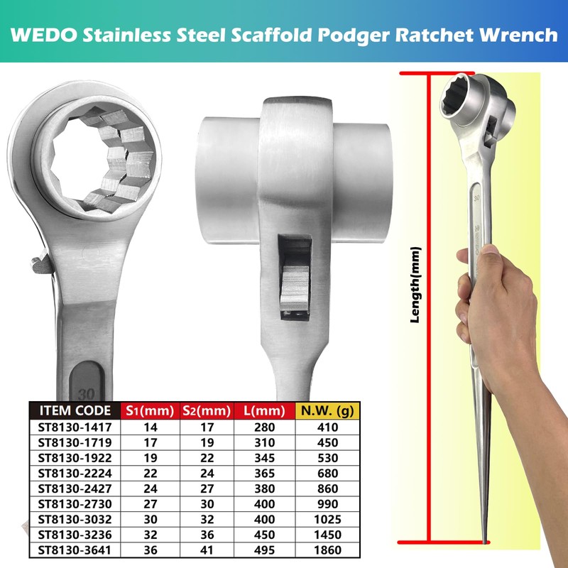 WEDO Stainless Steel Scaffold Podger Ratchet Wrench,Double Side 12 Point