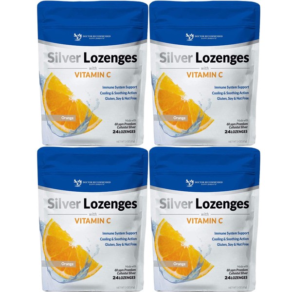 Silver Lozenges with Vitamin C - Premium Nano Silver 60 PPM Colloidal Silver, Organic Honey and Vitamin C Mineral Supplement Drops to Support Immune System, Soothe Cough & Throat - Pack of 4