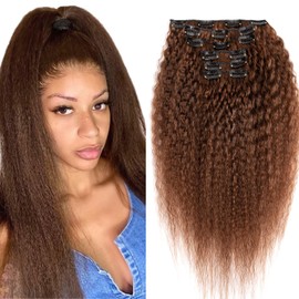 Kinky Straight Clip-In Real Hair Extensions, 120 g, 6 Pieces, Real Hair Extensions, Clip-In Remy Clip-In Extensions, Natural Hair Extensions, Real Hair (Brown Kinky Straight, 20 Inches)