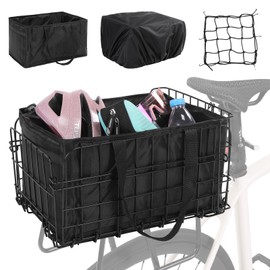 Foldable Rear Bike Basket w/Quick Release & Fine Mesh - Collapsible Basket for E-Bikes Includes Cargo Net, Waterproof Cover w/Reflective Strips & Liner (15"x10.8"x8.7" | Max 10 Lbs)