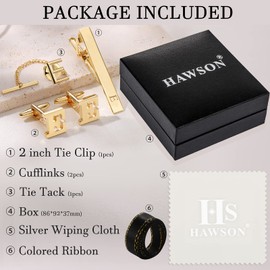 HAWSON Cufflinks for Men, Tie Clips for Boys, Tie Pin for Men, Gold Color Jewelry Set, Boxed Gift Packing, Initial Letter Jewelry for Him