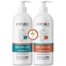 Edenika Botanicals Argan Oil Shampoo and Conditioner Set with Biotin, Repairs Dry & Damaged Hair, Deeply Hydrating & Nourishing, Women & Men, Sulfate-Free, Organic, 16 fl oz Each