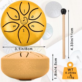 Rain Drum for Outside- Steel Tongue Drum 3 Inch 6 Notes Percussion Instrument w/Bag, Music Book and Malletsand Finger Paddles, Music Gift for Kids（Gold）
