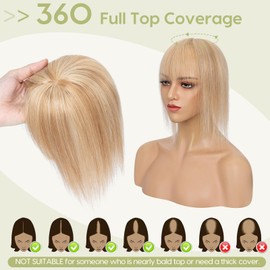 S-noilite Topper for Women Real Hair with Fringe 150% Density Toupee Hairpiece Real Hair Women's Hair Thickening for Thin Hair Mono Base 15 cm - 26 g #12/613 Light Golden Brown/White Blonde