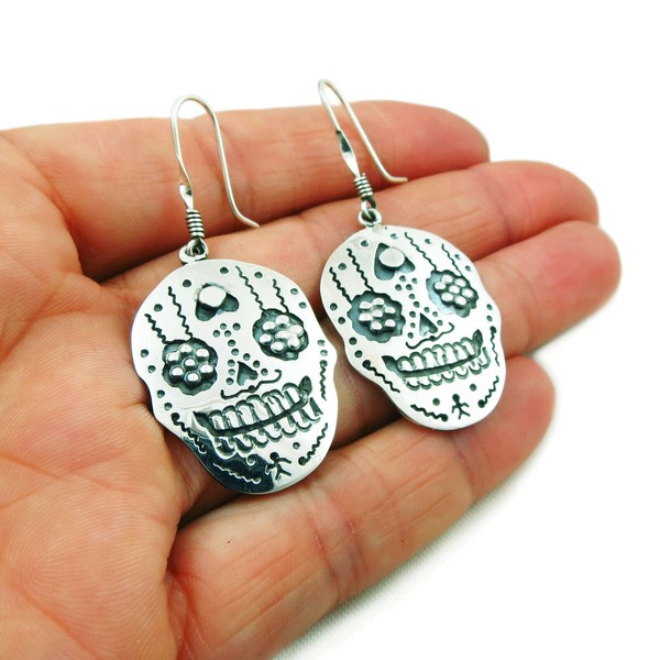 Mexican Day of the Dead 925 Sterling Silver Sugar Skull Earrings Gift Boxed