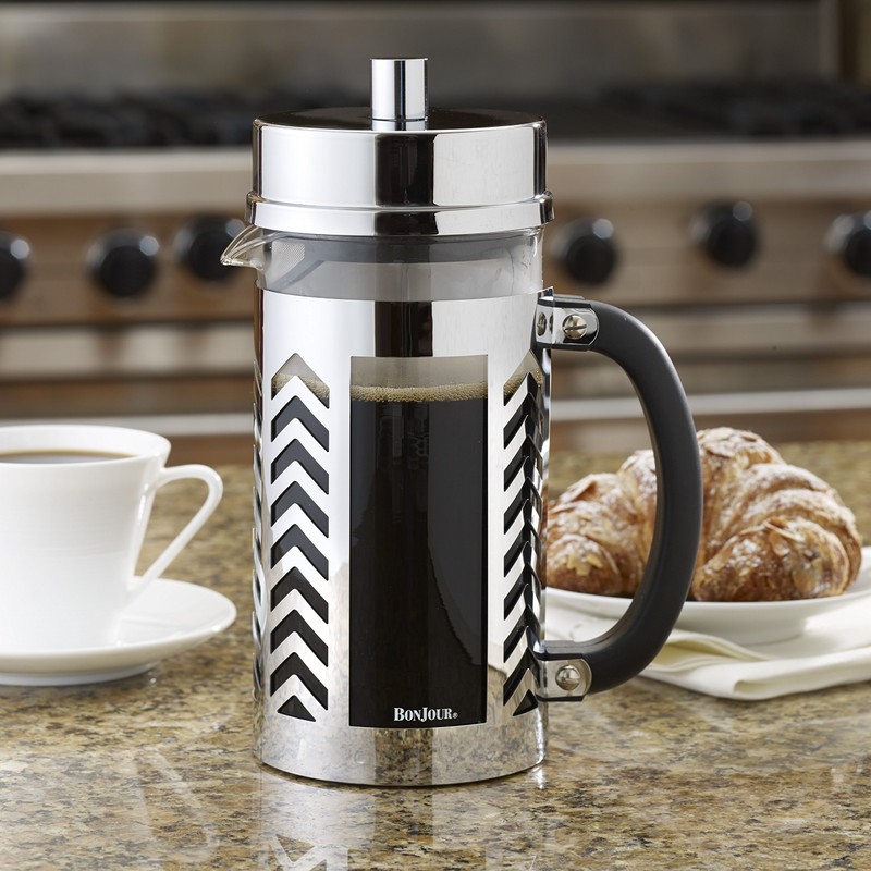 BonJour Coffee Glass and Stainless Steel French Press, 33.8-Ounce, Chevron