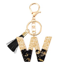 Suweibuke Fashion Black Key Chains for Women Girls, Initial Letter Keychains with Tassel, Charms for Key Purse Handbags Backpacks (Black-W)