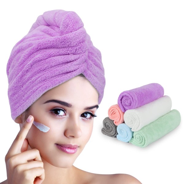 FREATECH Pack of 6 Microfibre Hair Turban - Quick Drying Towel for Wet Hair without Frizz, Super Soft and Absorbent Hair Towel with 3 Buttons for Women, Children, Long Curly Hair