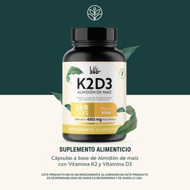 LIFE 360+ Vitamina K2 y D3 400 UI | 360 Cápsulas | Sin azúcar añadida ni colorantes | Cápsulas de Gelatina a Base de Almidón de Maíz con Vitamina K2 y Vitamina D3 | Suplementos Alimenticios | Contenido Neto 360 unidades por Envase