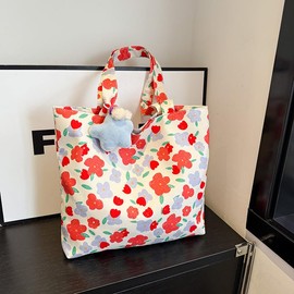 Xofuru Large Capacity Floral Tote Bag Rose Canvas Beach Shoulder Bag for Women Shopping Tote Pendant, red flowers