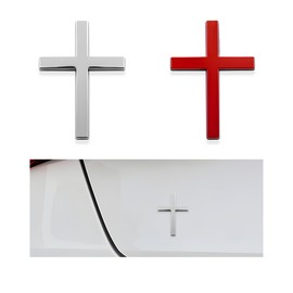 DXNQ 2PCS Metal Jesus Christ Cross Badge Stickers, 2.5"×1.8" Alloy 3D Individual Car Cross Sticker, Self Adhesive Scratch Covering Metal Cross Auto Emblem Decal for Car Body Fender Tail (Silver+Red)
