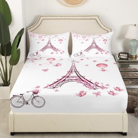 Juego de cama ajustable de la Torre Eiffel para niñas, tamaño individual para niños y mujeres, con temática romántica, juego de cama con estampado de la Torre Eiffel de París, juego de ropa de cama de flores de rosa, 2 piezas