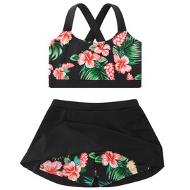 Kinberr Girls Hawaiian Rash Guard 2 Piece Black Skirted Tankini Sets Floral Printed UPF50+ Bathing Suits Swimwear Size 6-7