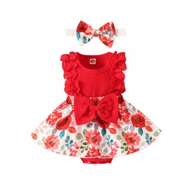 ESSECMBS Baby Girl Summer 2 Piece Romper Dress Suit Lace Ruffle Sleeves All-in-One Floral Print Bodysuit Dress with Headband Newborn Romper Suit, red