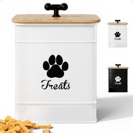 Dog Treat Container Airtight - 6"W x 8"H Iron & Bamboo Dog Treat Jar for Kitchen Counter - Large Dog Treat Jar With Lid - White Dog Treat Canister Airtight - Large Dog Cookie Jar - Pet Treat Container