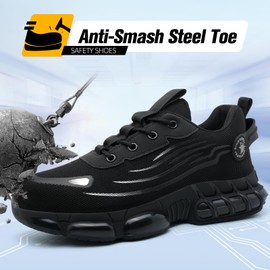 Steel Toe Shoes for Men Women,Work Shoes with Air Cushion,Prestivos Shoes Safety Shoes,Lightweight Steel Toe Sneakers for Men Black