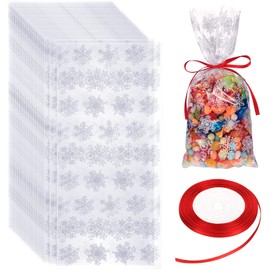 100 Pieces Cellophane Treat Bags With Ribbon for Holiday Party Supplies (White Bag with Red Ribbon)