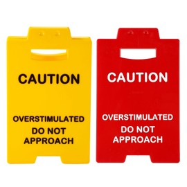 Lyreh 2pcs Mini Desk Warning Sign, Acrylic Office Caution Overstimulated Do Not Approach Mini Caution Sign Funny Desktop Decoration Supplies for Office Team Table Bedroom Study Room (Yellow, Red)