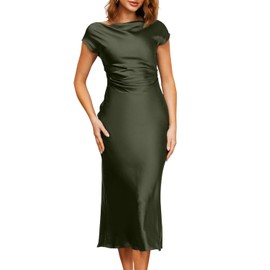 Memoriesea Women's Sexy Cowl Neck Cap Sleeves Tie Back Party Cocktail Midi Dress Army Green