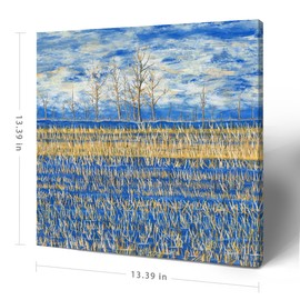 Bathroom Wall Art Rustic Rural Landscape Abstract Golden Wheat Field Blue Sky Nature Wilderness Picture Birch Tree Canvas Print Country Road Botanical Painting Modern Farmhouse Artwork 14x14inch