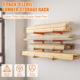 4-Pack Lumber Storage Rack, Wood Storage Racks Wall Mount, Heavy Duty Garage Wood Organizer With 8-Level System, Orange Utility Rack Organization Up 1600 Lbs, Metal Lumber Shelf for Indoor & Outdoor