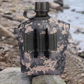 Botella de Agua Cantimploras , Botella de Agua Camuflaje Portátil Cantina Verde de Ejército con Fiambrera de Aluminio para Acampar Senderismo Viaje Camping Cantina