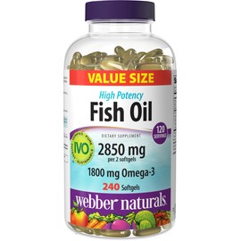 Webber Naturals Aceite de pescado 2850 mg, alta potencia, 1800 mg de omega-3 por porción, 240 cápsulas blandas entéricas transparentes, sin regusto a 