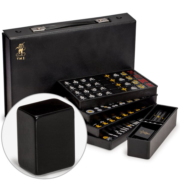 Yellow Mountain Imports Japanese Riichi Mahjong Set - Black Standard Size Tiles and Vinyl Case - with East Wind Tile, Set of Betting Sticks, & Dice