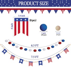 4th of July Patriotic Banner, Patriotic Wooden Bead Garland for Mantle, 4th of July Felt Flag Garland Red White Blue Banner for Independence Day 4th of July Memorial Day Patriotic Decorations, 2Pcs