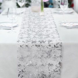 Fowecelt Table Runner Silver Glitter - Table Cloth Table Cover Party Table Cloth Shiny Netting Decoration Foil for Wedding Christmas Birthday Party Decor (Silver, 14 × 72 INCH)