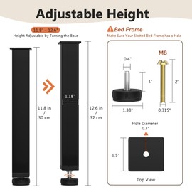 RemixOri 4Pcs Bed Frame Support Legs - Adjustable Metal Center Legs with Anti-Slip & Noise-Free Rubber Pads, Easy to Install for Beds, Slats, Sofa, Cabinets (11.8-12.6 inch)