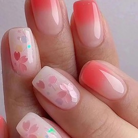 Press on Nails Medium Square Pink Flower False Nails with Design Rose Pink Gradient French Artificial Acrylic Nails Full Cover Glossy Reusable Coffin Fake Nails Glue on Nails for Women 24Pcs