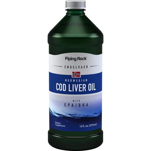 Piping Rock Cod Liver Oil Liquid | 16 fl oz | with EPA DHA | Engelvaer Norwegian | Non-GMO, Gluten Free Supplement