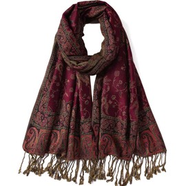 Paisley Flowers Borders Pattern Pashmina Silk Scarf Shawl Wrap Blanket Reversible Comfortable With Fringes (2-Burgundy)