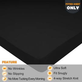 Queen Size Fitted Sheet Only - 4-Way Stretch Jersey Knit, Cozy T-Shirt Soft, Wrinkle Free, Snug Fit & Stay in Place, No More Slipping Off for Mattress (Deep: 5"-16") - Black, Queen