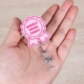 Barely Cried Today Funny Badge Reel, Cute Pink Ribbon Retractable ID Card Badge Holder, Name Tag Medical Work Badge Clip for RN LPN CNA MA ER Night Shift Nurse Paramedic Doctor Teachers, Nurse Gifts