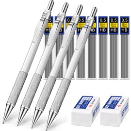 Set of 4 Retractable Pencils, Metal, 8 x HB Pencil Leads, Interchangeable Refills and 2 x Erasers, Accessories for Home, School and Office