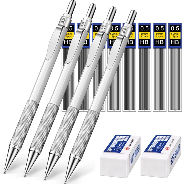 Set of 4 Retractable Pencils, Metal, 8 x HB Pencil