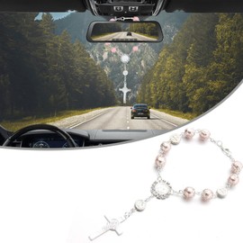 Piburth 1 PCS Car Rosary for Rearview, Cross Blessing Rear View Mirror Hanging Decors, Auto Rearview Mirror Rosary Pendant, Car Interior Hanging Accessories (Pink)